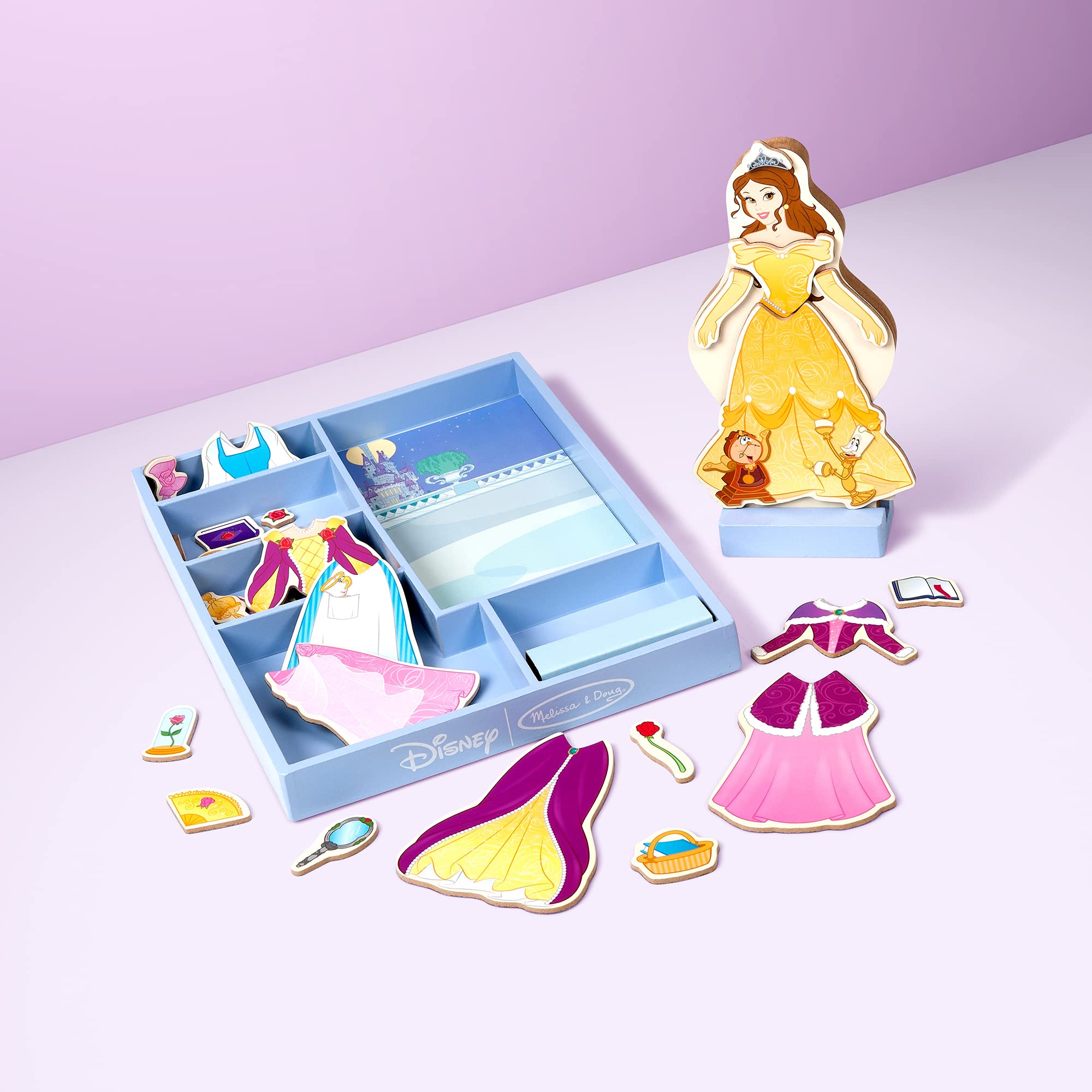 Melissa & Doug Disney Cinderella, Belle, and Rapunzel Magnetic Dress-Up Wooden Dolls Pretend Play Set, 36 months to 60 months