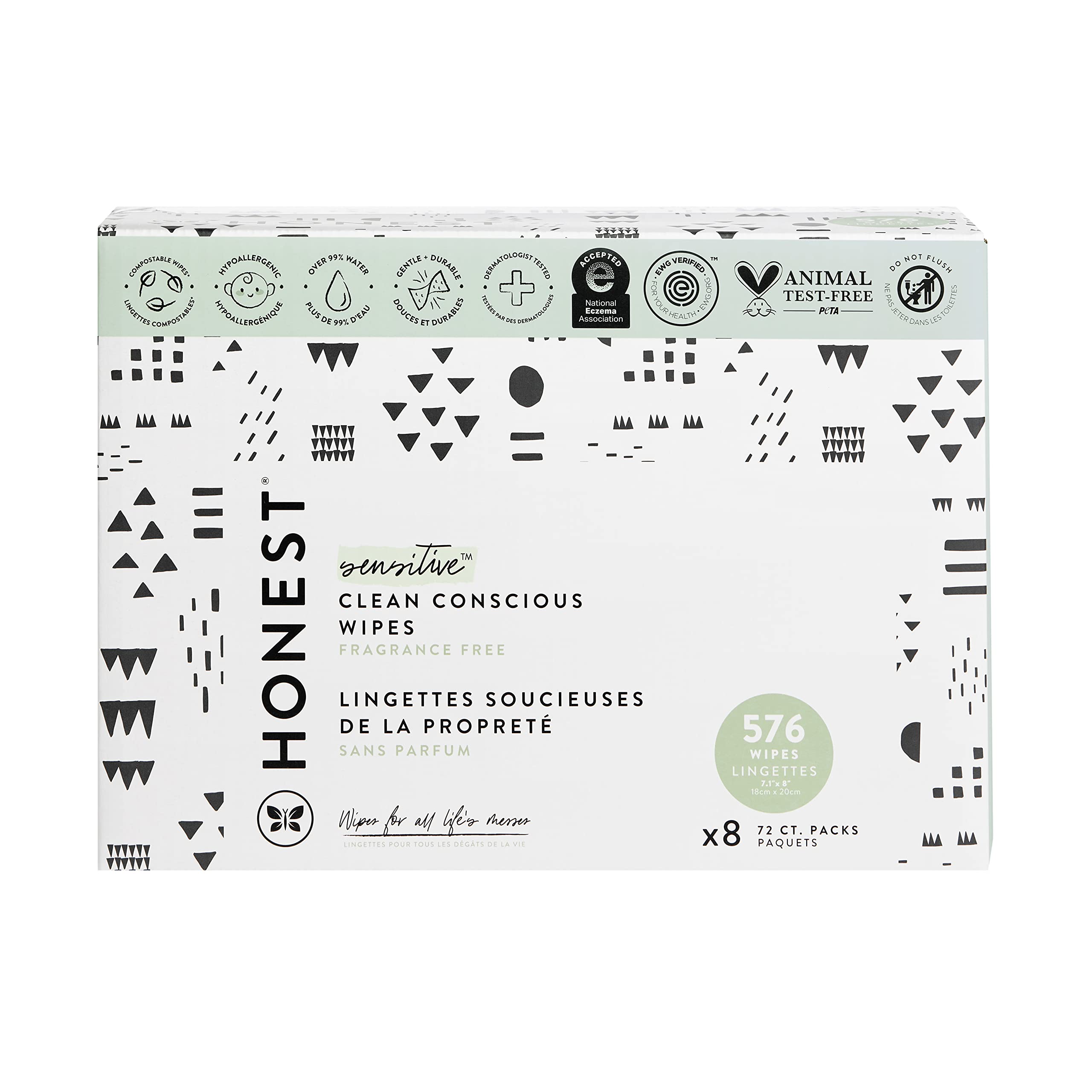 The Honest Company Clean Conscious Wipes | 99% Water, Compostable, Plant-Based, Baby Wipes | Hypoallergenic, EWG Verified | Pattern Play, 576 Count