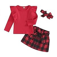 Toddler Baby Girl Fall Clothes Ribbed Long Sleeves Tops and Mini Plaid Skirt Headband Xmas Kids 3 Piece Outfits Set
