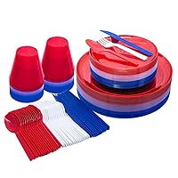 4th of July Patriotic Theme Assortment Disposable Plastic Party Supplies, American Stars and Stripes, Plates/Tumblers/Cutlery Set, 273-Count