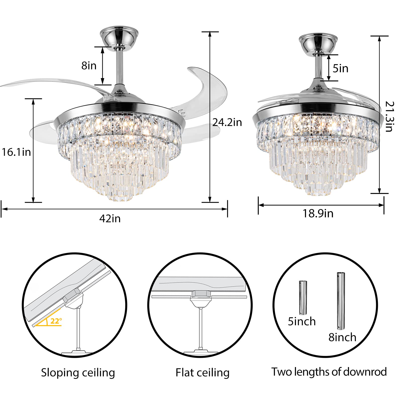 SHINLEYPACK Crystal Ceiling Fan with Light,42 Inch Dimmable Crystal Fandelier, Modern Retractable Ceiling Fan 6 Speeds Indoor Chandelier Fan for Bedroom Living Room Dining Room
