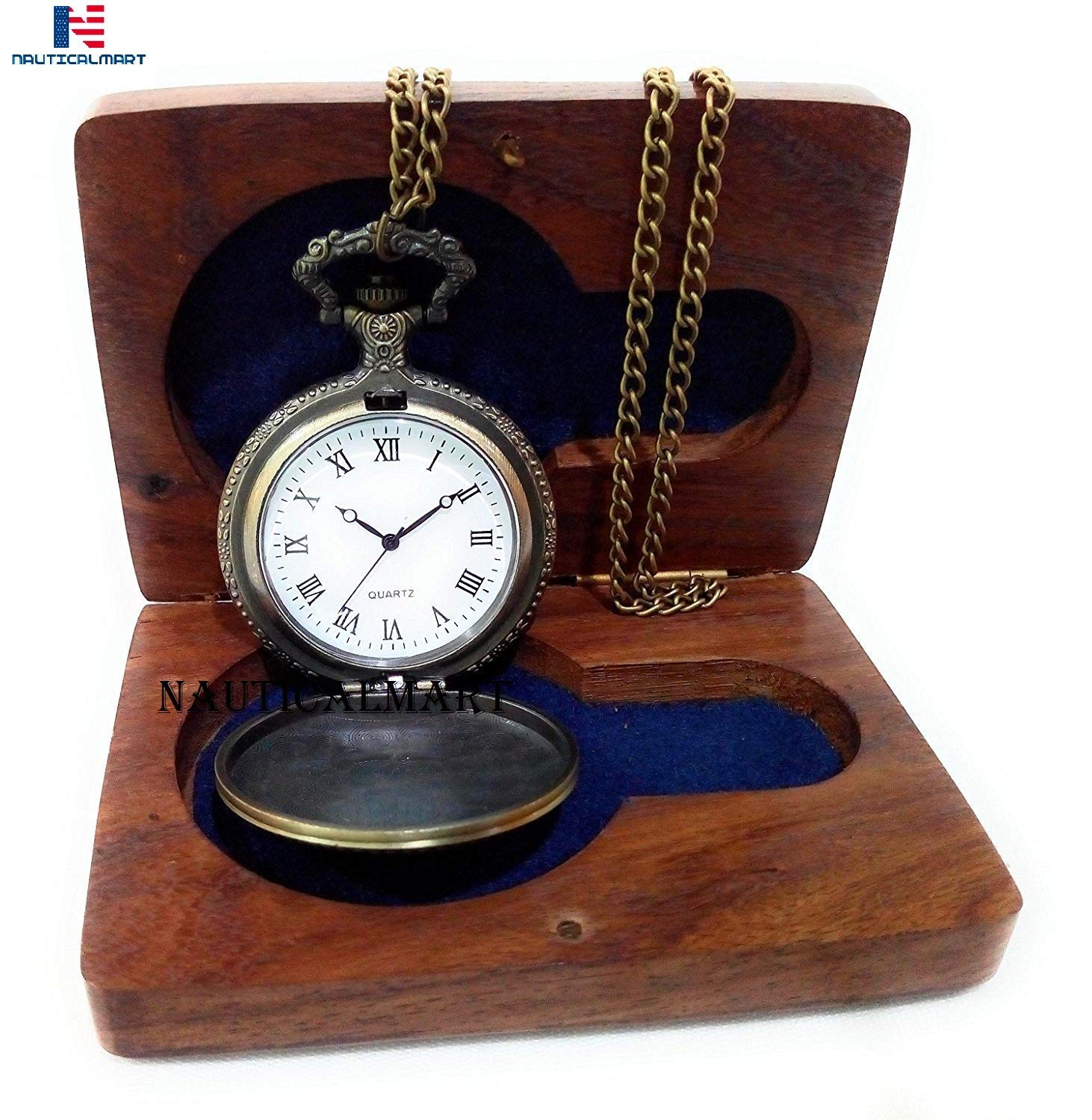 NauticalMart Embossed with Flower, Roman Number Dial Analogue White Dial Pocket Watch with Chain and Wooden Box