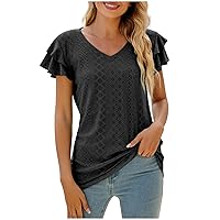 Hot Fashion Sale 2024 Women Peplum Sleeve Tops Flattering Summer Tshirt Sexy Casual Embroidery Eyelet Blouses Trendy Cute Vacation Tee Summer Tees For Women 2024