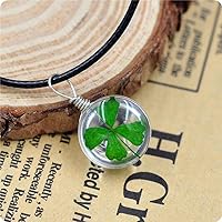 New Real Green Lucky Shamrock Four Leaf Clover Round Glass Pendant Necklace Gift