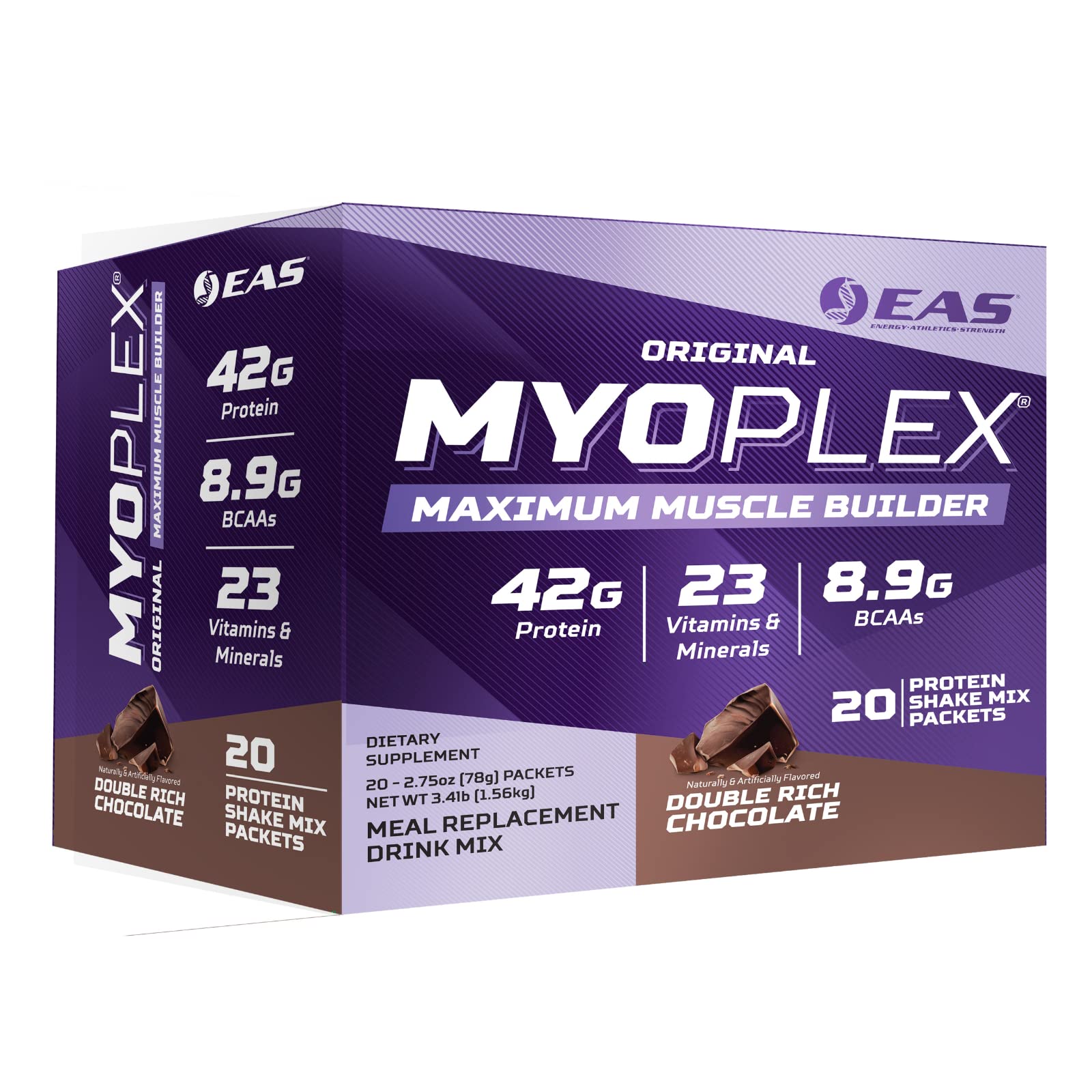 EAS Original MYOPLEX Maximum Muscle Builder - Meal Replacement Protein Blend Drink Mix - Double Rich Chocolate - 20 Individual Packets - 42g Per Serving