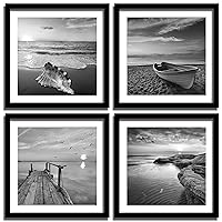 Black Prints Beach Picture Decor - Set Of 4 Framed Grey Seascape In Sunrise Canvas Wall Art 12 x 12 Inches Romantic Sea Scenery Artwork Paintings for People Home Bedroom Bathroom Kitchen Decorations