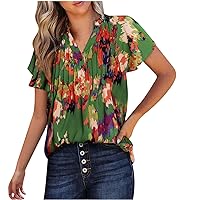 Summer Blouses for Women 2024 Ruffle Sleeve Shirts V Neck Going Out Tops Floral Print Tshirts Dressy Casual Tshirts