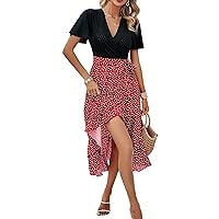 Women 2024 V Neck A Line Elegant Sexy Midi Dress Short Ruffle Sleeve Lace Split Spring Summer Cocktail Business