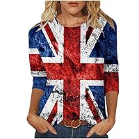 Womens American Flag T-Shirt 3/4 Length Sleeve Crewneck Tunic Tops Funny July 4th Independence Day Graphic Tees