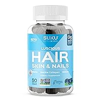 Luscious Hair - Silicon Biotin and Hydrolyzed Marine Collagen Gummies for Skin, Hair & Nails - Easy to Chew - Non GMO, Gluten Sugar Free - Blueberry Flavored Gummy Vitamins - 50 Count
