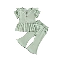 Kupretty Baby Girl Clothes Summer Solid Knit Ruffle Short Sleeve T-Shirt Tee & Flare Pants Set Toddler Bell-bottoms Outfit