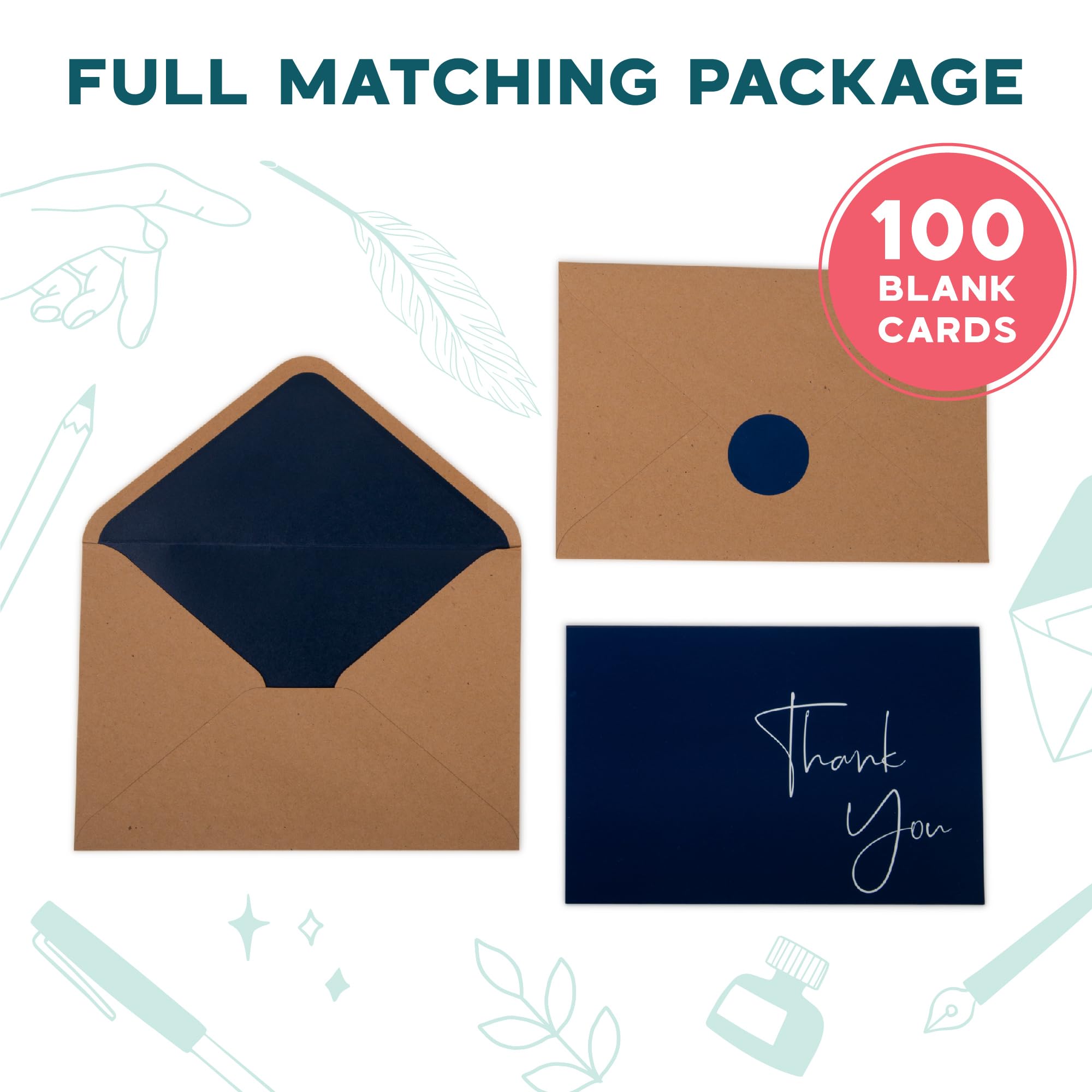 VNS Creations 100 pack Thank You Cards with Envelopes & Stickers - Classy 4x6 Blank Thank You Cards Bulk Box Set - Large Thank You Notes for Wedding, Small Business, Baby & Bridal Shower (Navy Blue)