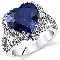 PEORA Created Blue Sapphire Signature Heart Ring for Women 925 Sterling Silver, Large 6.50 Carats Heart Shape 11mm, Sizes 5 to 9