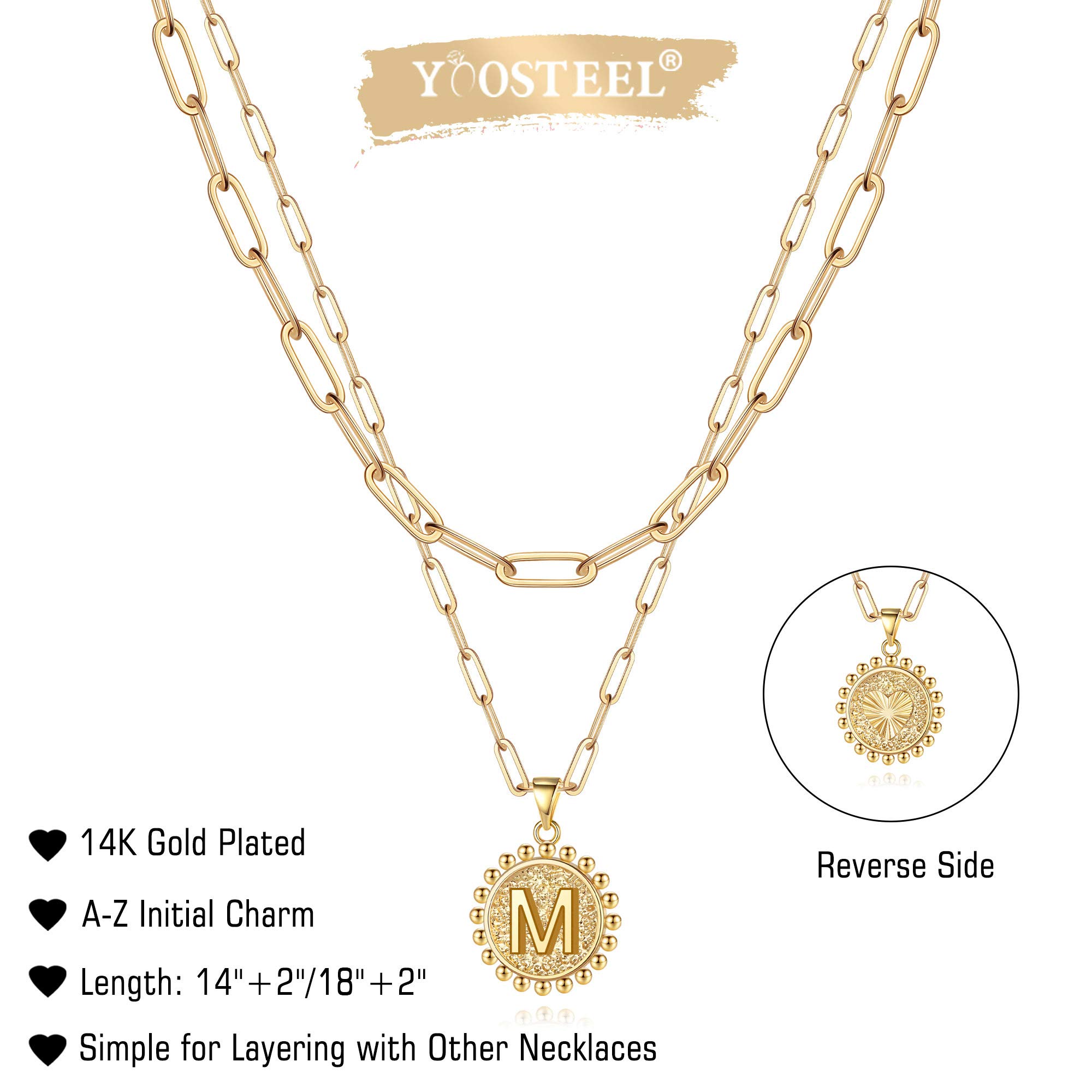 Yoosteel Gold Initial Necklaces for Women Girls, 14K Gold Plated Dainty Layering Paperclip Link Chain Necklace Personalized Coin Initial Layered Gold Necklaces for Women