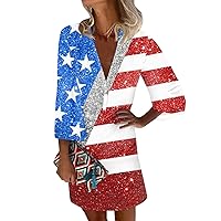American Flag Dresses for Women Patriotic Dress for Women Sexy Casual Vintage Print with 3/4 Length Sleeve Deep V Neck Independence Day Dresses Wine XX-Large