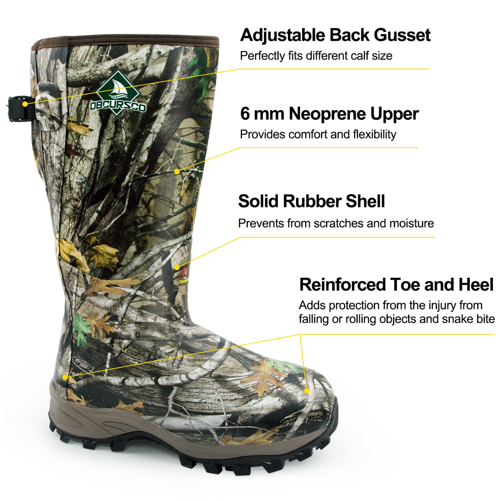 Obcursco 400g Insulation Rubber Hunting Boots for Men, Insulated Waterproof 6mm Neoprene Boot for Hunting (Camo)