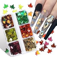 6 Grids 3D Fall Nail Art Stickers - Fall Glitter Maple Leaf Nail Decals - Autumn Nail Glitter Sequins - Holographic Laser Leaves Glitter Flakes Thanksgiving Nail Art Sticker Autumn Nail Art Decoration