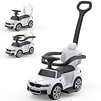 4-in-1 Ride On Cars, Push Cars for Toddlers 1-3 with Horn, Music, Led Lights and Controllable Push Handle (White)