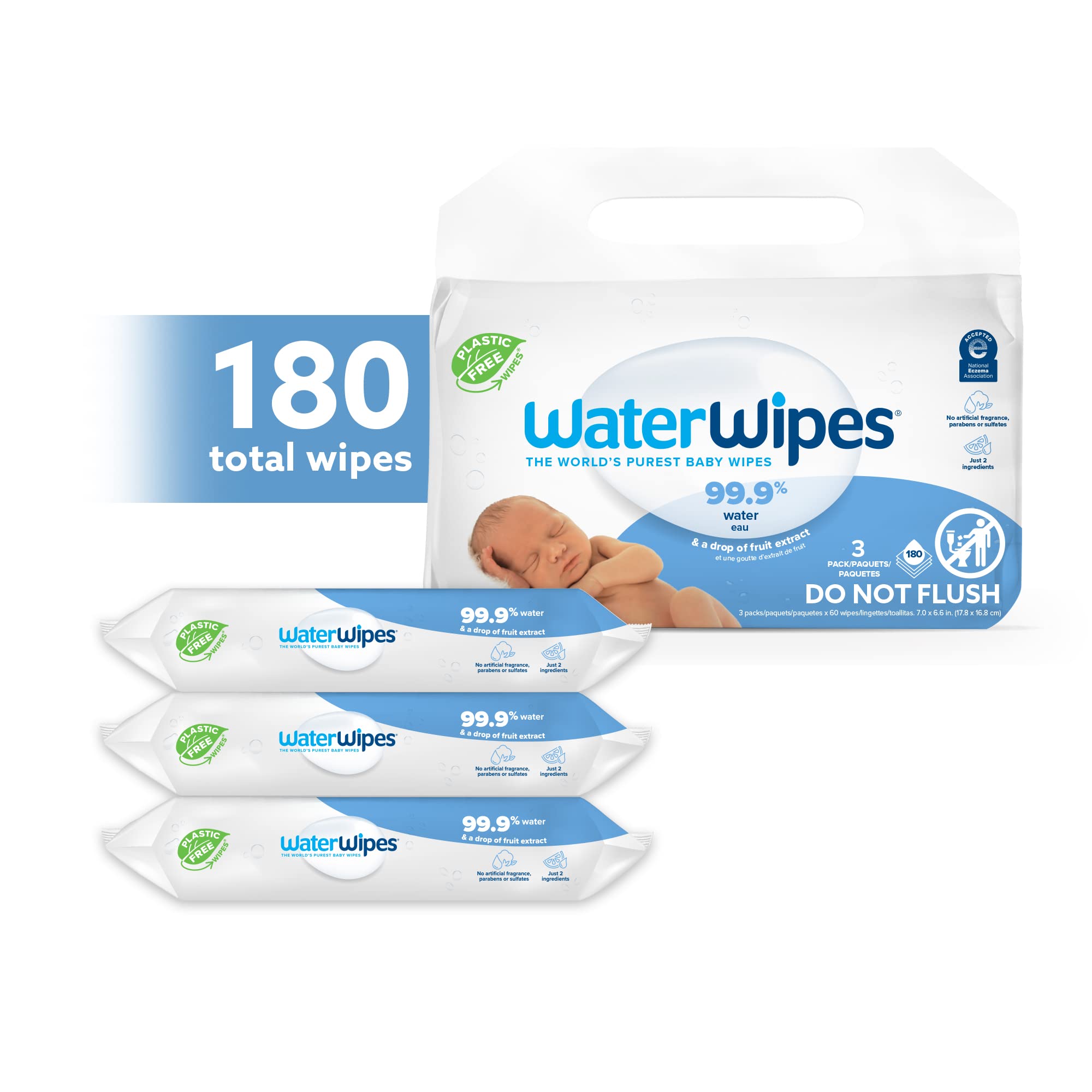 WaterWipes Plastic-Free Original 99.9% Water Based Wipes, Unscented & Hypoallergenic for Sensitive Skin, 180 Count (3 packs), Packaging May Vary