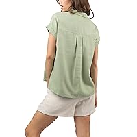 Women's Linen Shirts - Short Sleeve Button Down Side Slit Collared Casual Top with Chest Pocket