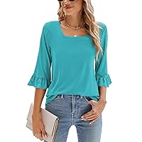 Poetsky Women's Casual 3/4 Sleeve Tops Summer Square Neck T Shirts Ruffle Loose Fit Tunic Blouses