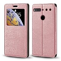 Essential Phone PH-1 Case, Wood Grain Leather Case with Card Holder and Window, Magnetic Flip Cover for Essential Phone PH-1 Rose Gold