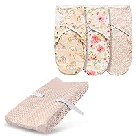 Changing Pad Cover + 0-3 Months 3 Pack Swaddle Blanket, Ultra Soft Minky Dots Plush Changing Table Covers Breathable Mink Changing Table Sheets Cover Wipeable Changing Pad Covers for Infants Newborn B