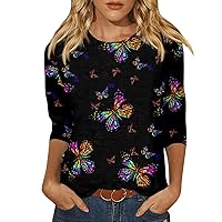 New Years Shirts Women,Fashion Colorful Butterfly Printed Crew Neck 3/4 Sleeve Womens Tops Casual Blouses for Women