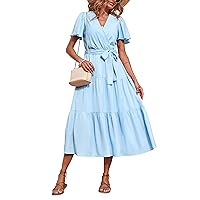 PRETTYGARDEN Summer Dresses for Women 2023 V Neck Wrap Short Sleeve Boho Midi Dress Tie Waist A Line Beach Sun Dresses