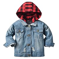 Girls Boys Plaid Hoodie Ripped Denim Jackets Button Down Casual Coat Outerwear with Pockets for Autumn