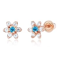 Solid 14K Gold 5mm Flower Natural Birthstone Screwback Earrings For Women | 1.50mm Birthstone | 1mm Round Pave Created White Sapphire Gemstone Flower Screwback Earrings For Women and Girls