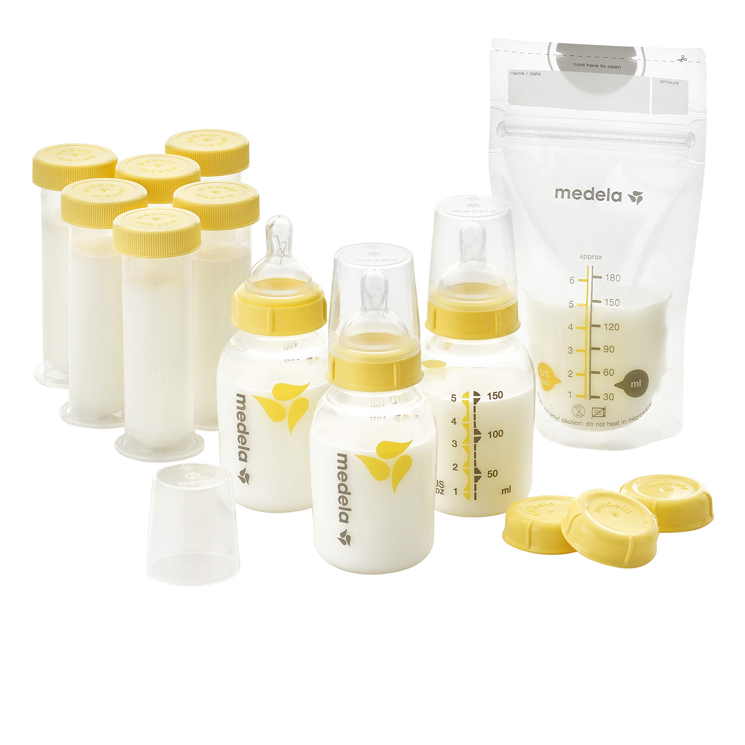 Medela Breastfeeding Gift Set, Breast Milk Storage System; Bottles, Nipples, Travel Caps, Breastmilk Storage Bags and More, Made Without BPA & Manual Breast Pump with Flex Shields Harmony Single Hand