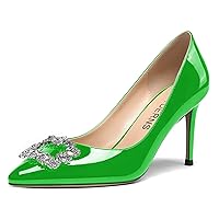 WAYDERNS Women's Patent Slip On Crystal Buckle Pointed Toe Crystal Rhinestone Stiletto High Heel Pumps Shoes 3.5 Inch