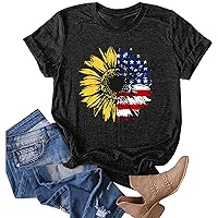 4th of July Shirts Women Casual Fashion 2024 Summer Tops Fourth of July Outfits for Women American Flag Short Sleeve Sunflower Patriotic USA Graphic Tee Clothes Black XXL