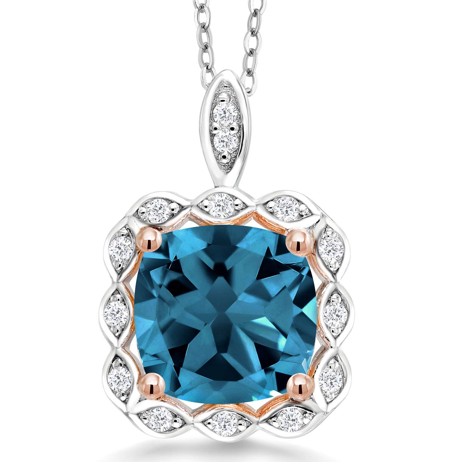 Gem Stone King 925 2 Tone Sterling Silver London Blue Topaz Pendant Necklace For Women (5.37 Cttw, Gemstone Birthstone, with 18 Inch Chain)