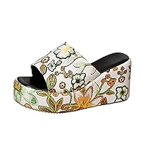 White Sandals Women Ladies Fashion Summer Floral Print Leather Fish Mouth Sloping Heel Thick Sole Sandals