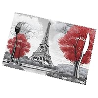 (Paris) Set of 6 Placemat, Holiday Banquet Kitchen Table Decoration Flower Mats, Waterproof, Easy to Clean, 12 X 18 Inches