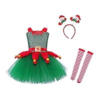 iiniim Child Girls Santa Claus Elf Costume Christmas Holiday Party Tutu Dress with Striped Stockings Hair Hoop Set