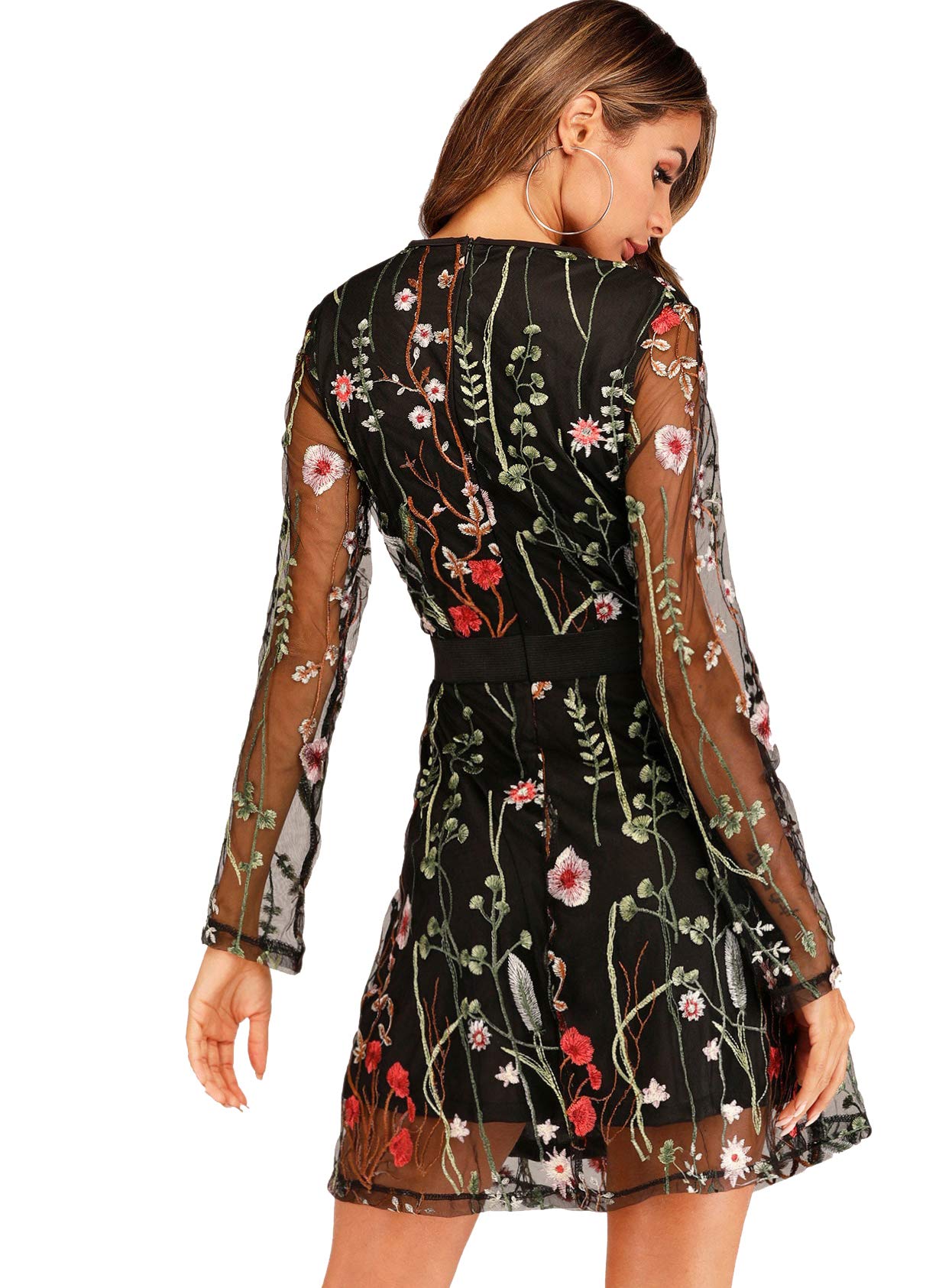 Milumia Women's Floral Embroidery Mesh Round Neck Tunic Party Dress