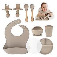 Extra Heavy Silicone Baby Feeding Set Essentials, Premium 9-Piece Set of Baby Led Weaning Supplies with Silicone Baby Plate with Lid, Superior Suction Bowl and Baby Utensils - Beige