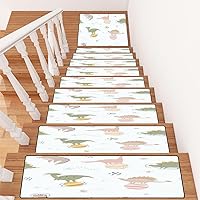13+1 Wooden Steps Stair Treads Carpet with Landing Stair Rugs Space Cosmic Seamless Pattern Funny Dinosaurs Hand Drawn Elements Non-Slip Indoor Stair Runner Mats for Kids Elders Pets