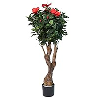 Artificial Hibiscus Plant - 48-Inch Fake Tree with UV-Resistant Leaves and Pink Flowers for Indoor, Outdoor, or Patio Decor by Pure Garden
