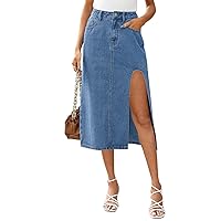 MEROKEETY Women's Denim Skirt Side Split Thigh High Waist A Line Casual Midi Jean Skirt with Pockets