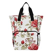 Red Rose White Custom Diaper Bag Backpack Personalized Name Baby Bag for Boys Girls Toddler Multifunction Maternity Travel Back Pack for Mom Dad with Stroller Straps