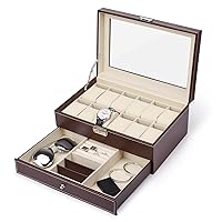 JS NOVA JUNS 12 Slots Watch Box Mens Watch Organizer PU Leather Case with Jewelry Drawer for Storage and Display