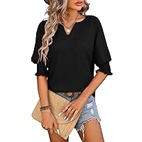 Women's V-Neck Casual Five Sleeve Top Bat Sleeve Solid Color Fashion T-Shirt