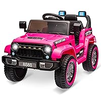 Kids Ride On Truck Car, 12V Battery Powered Electric Car w/Parent Remote Control, Spring Suspension, 3 Speeds, LED Lights, Music & Horn, Kids Electric Vehicles Toy Gift for Boys Girls, Pink