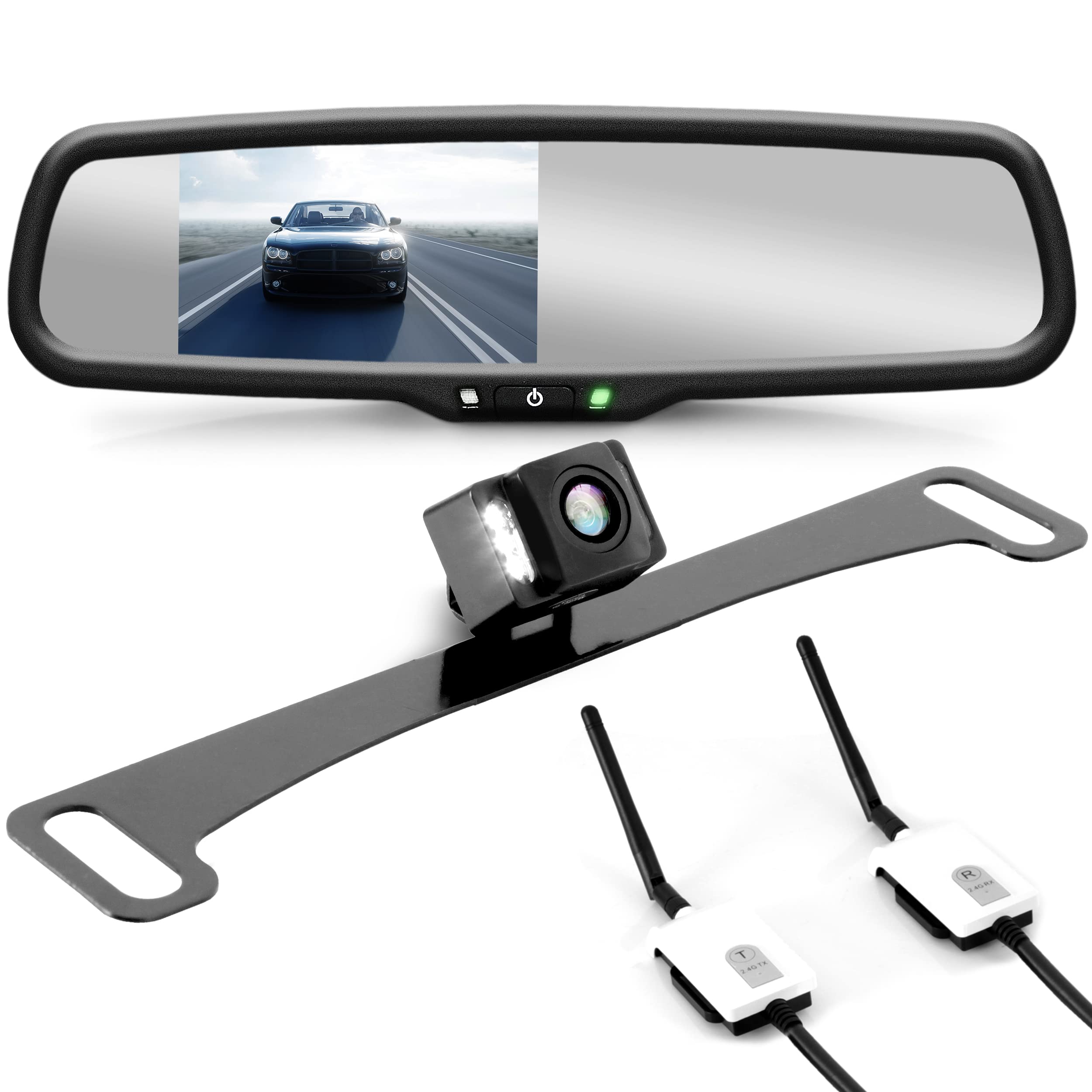 Pyle Wireless Backup Rear View Camera - Waterproof License Plate Car Parking Rearview Reverse Safety/Vehicle Monitor System w/ 4.3” Mirror Video LCD, Distance Scale Lines, Night Vision - PLCM4590WIR