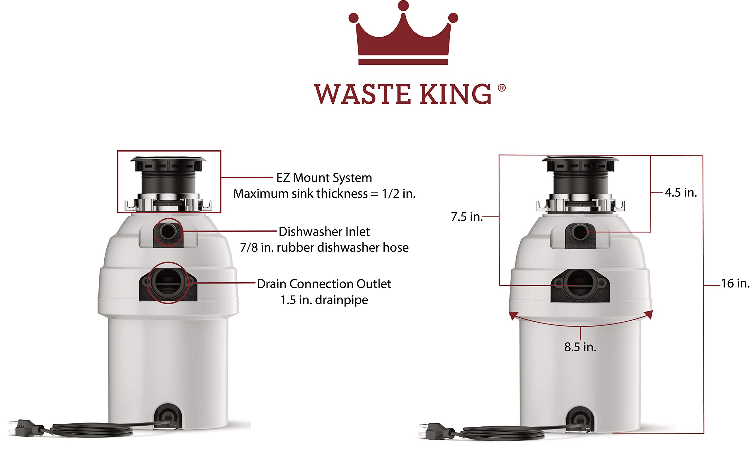 Waste King 1 HP Garbage Disposal with Power Cord, Food Waste Disposer for Kitchen Sink, L-8000