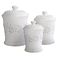 Bianca Leaf Canister Set 3-Piece Ceramic Jars in 20oz, 48oz and 80oz Chic Design With Lids for Cookies, Candy, Coffee, Flour, Sugar, Rice, Pasta, Cereal & More
